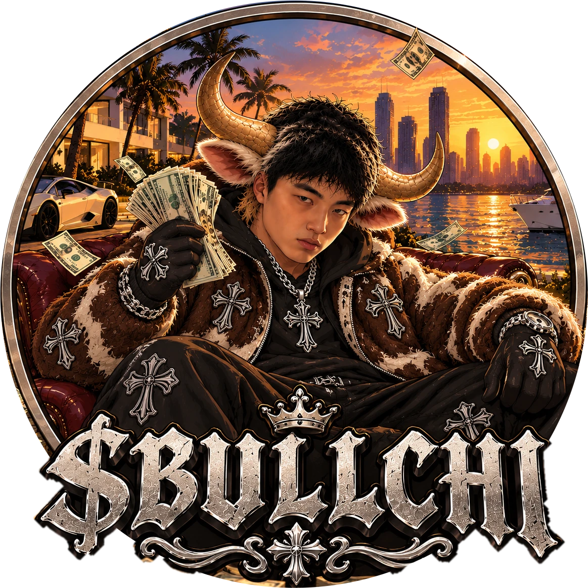 Bullchi, the Aura Boss: a horned figure in a cow-print fur jacket holding cash at sunset